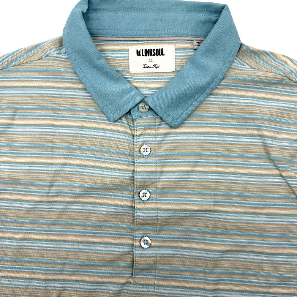 Linksoul Polo Shirt Mens M Blue Tan Striped Luxury Cotton Short Sleeve‎ Golf Tee
